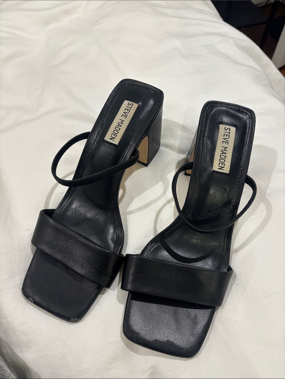Steve Madden Black Square Toe Strappy Block Heels